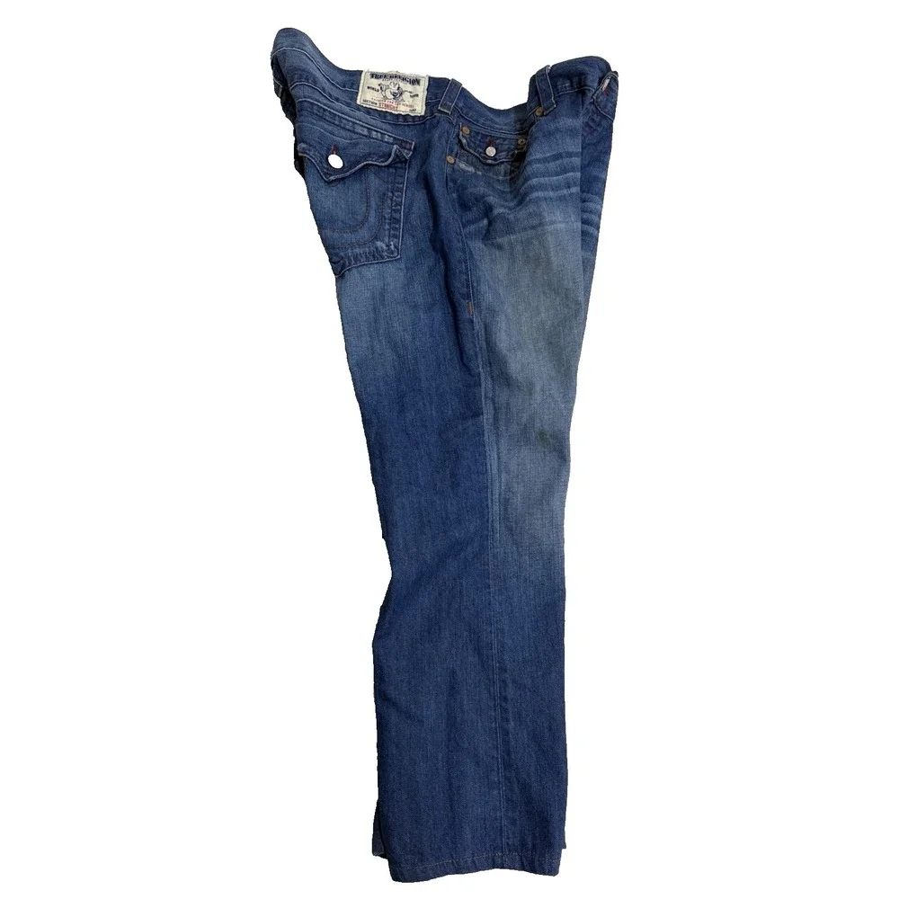 True Religion Mens Blue Jeans Tag Size 42 Distressed Pocket Flaps World Tour